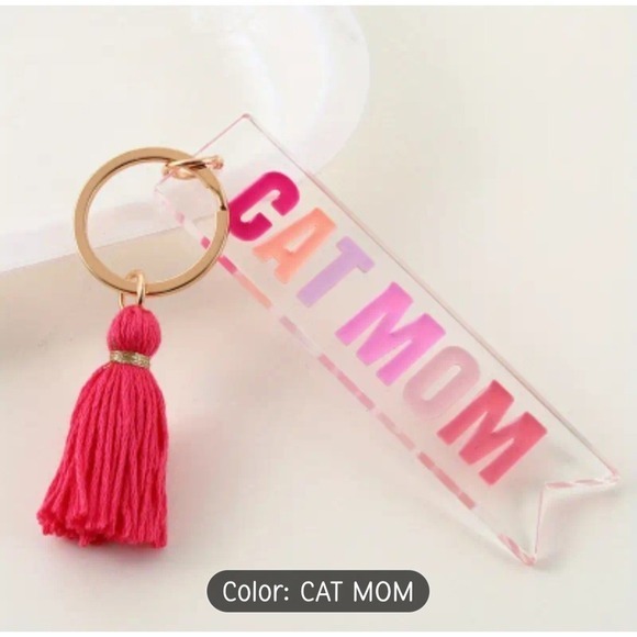 Cat Mom Acrylic Keychain Pink Tassel Gold Tone Hardware Keyring Pet Lover Pink - Picture 5 of 5